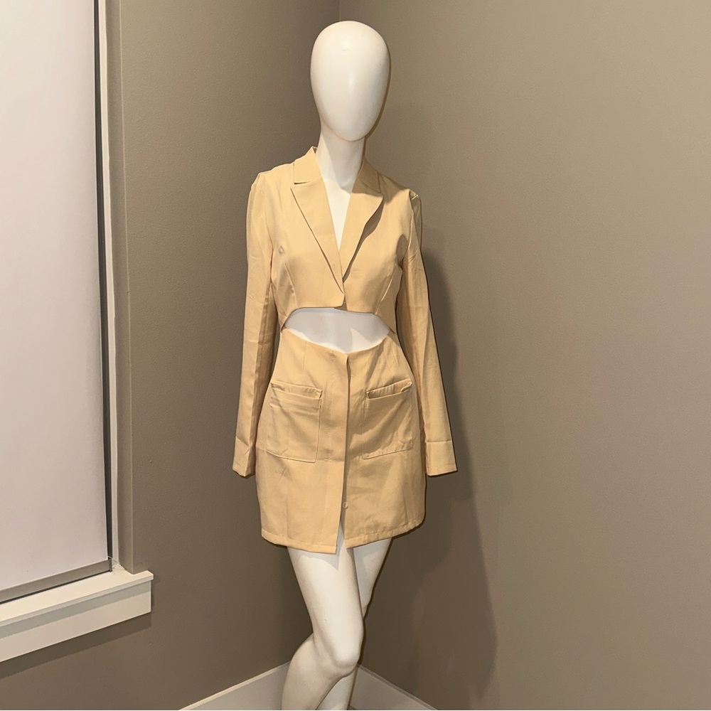 Tan Blazer Dress Cutout Middle Long Sleeve